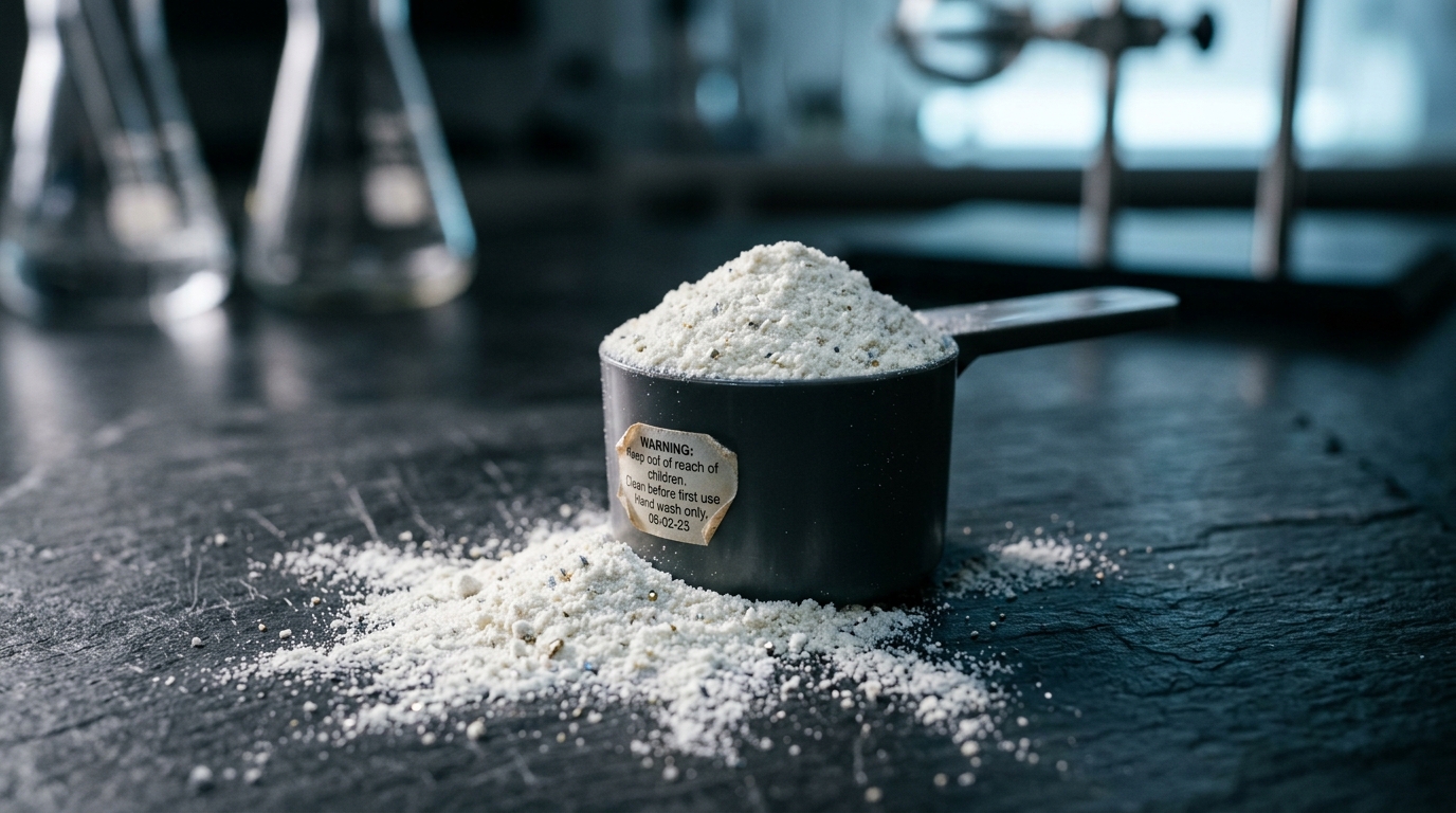 Macro shot of a scoop of white protein powder on dark slate with light catching faint particles