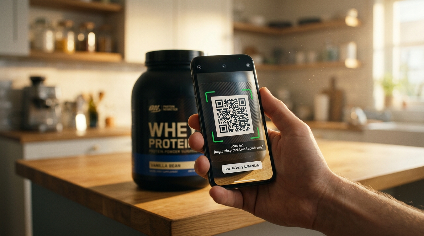 Phone scanning a QR code on a protein powder tub in a bright kitchen
