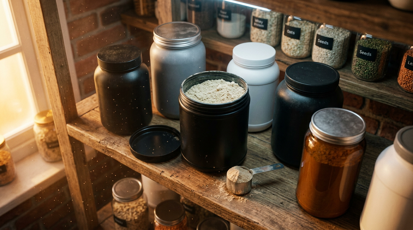 Pantry shelf lined with protein powder tubs, one open with a scoop beside it