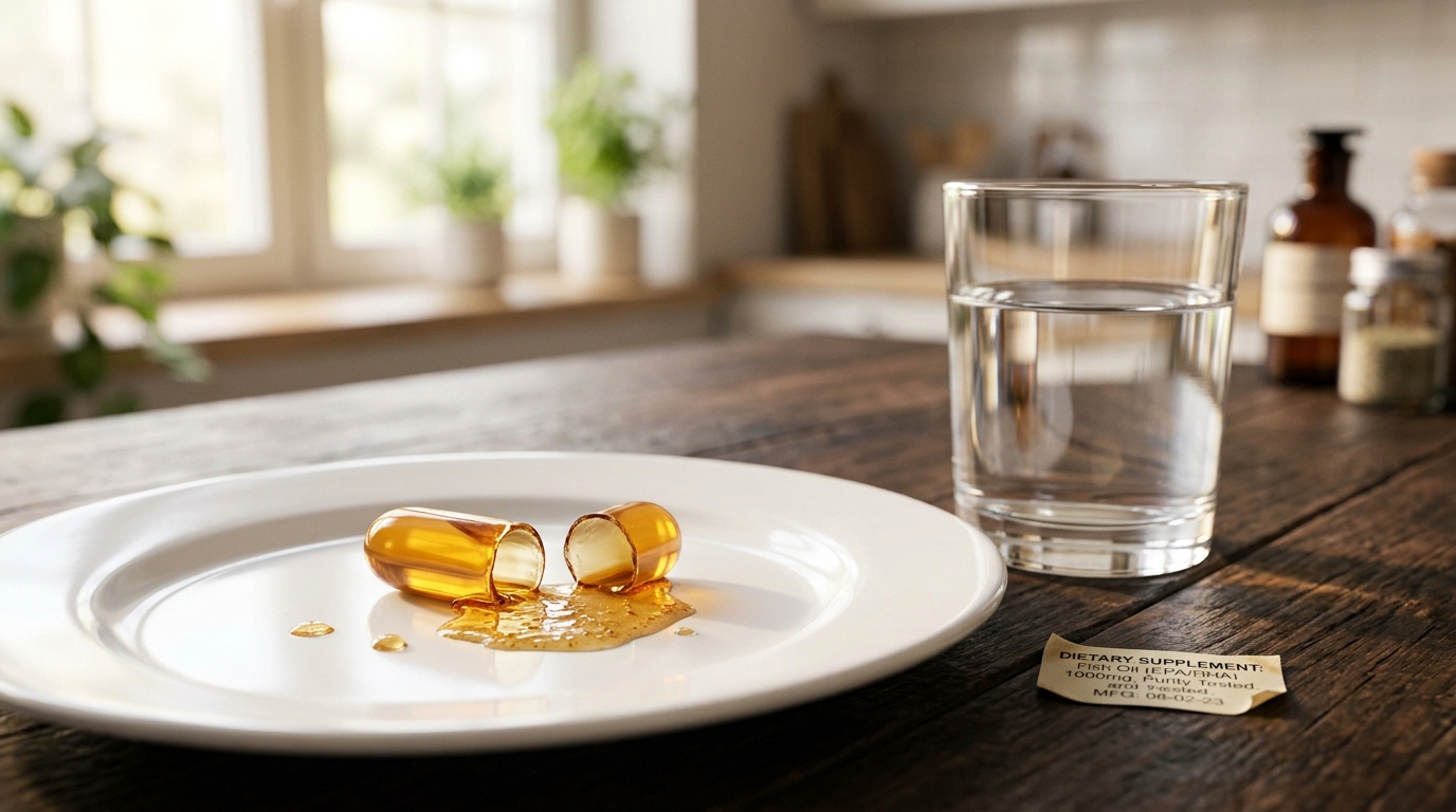 Open fish oil capsule on a white plate beside a glass of water in warm window light