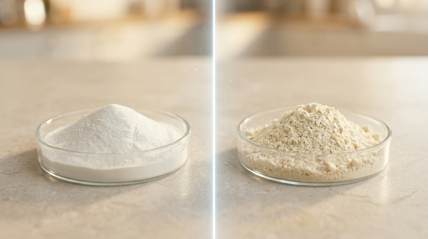 Side-by-side glass dishes of fine white whey isolate powder and coarser cream-colored whey concentrate powder, divided by a thin beam of light.