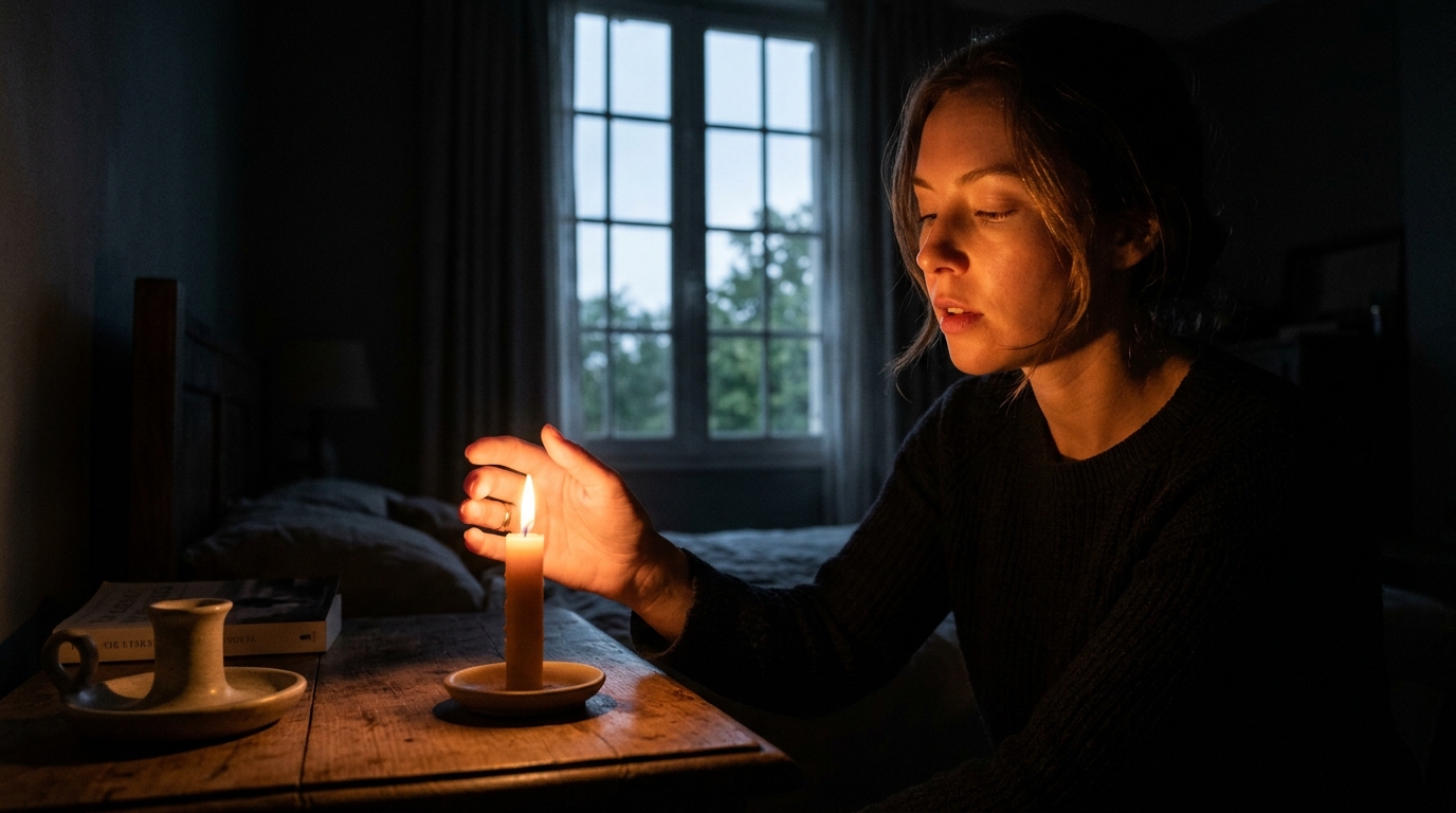 A single candle flame representing clarity and decision in a dark moment. A single candle flame representing clarity and decision in a dark moment.