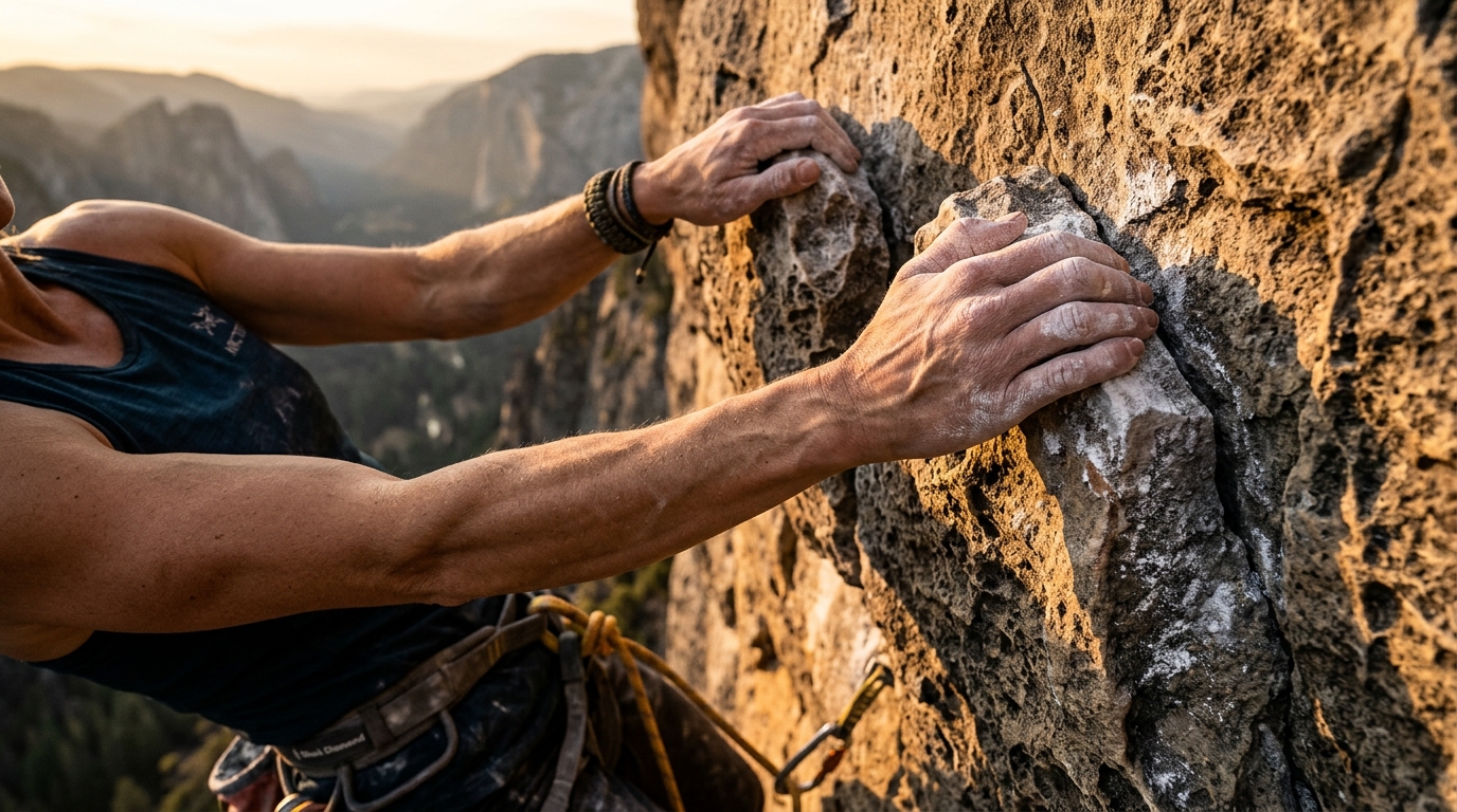 Climber's hands gripping rock representing growth through pushing against resistance. Climber's hands gripping rock representing growth through pushing against resistance.