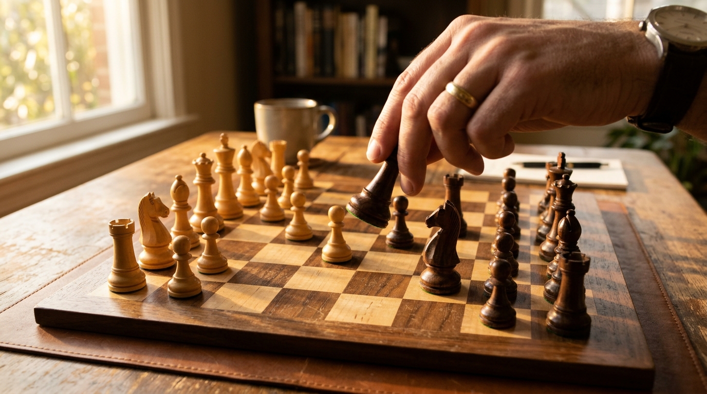 A hand making a decisive chess move representing decision-making power. A hand making a decisive chess move representing decision-making power.