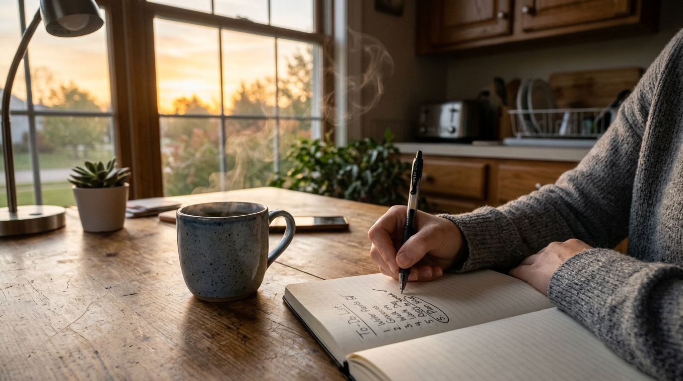 Writing down a decision in a morning journal representing commitment to action. Writing down a decision in a morning journal representing commitment to action.