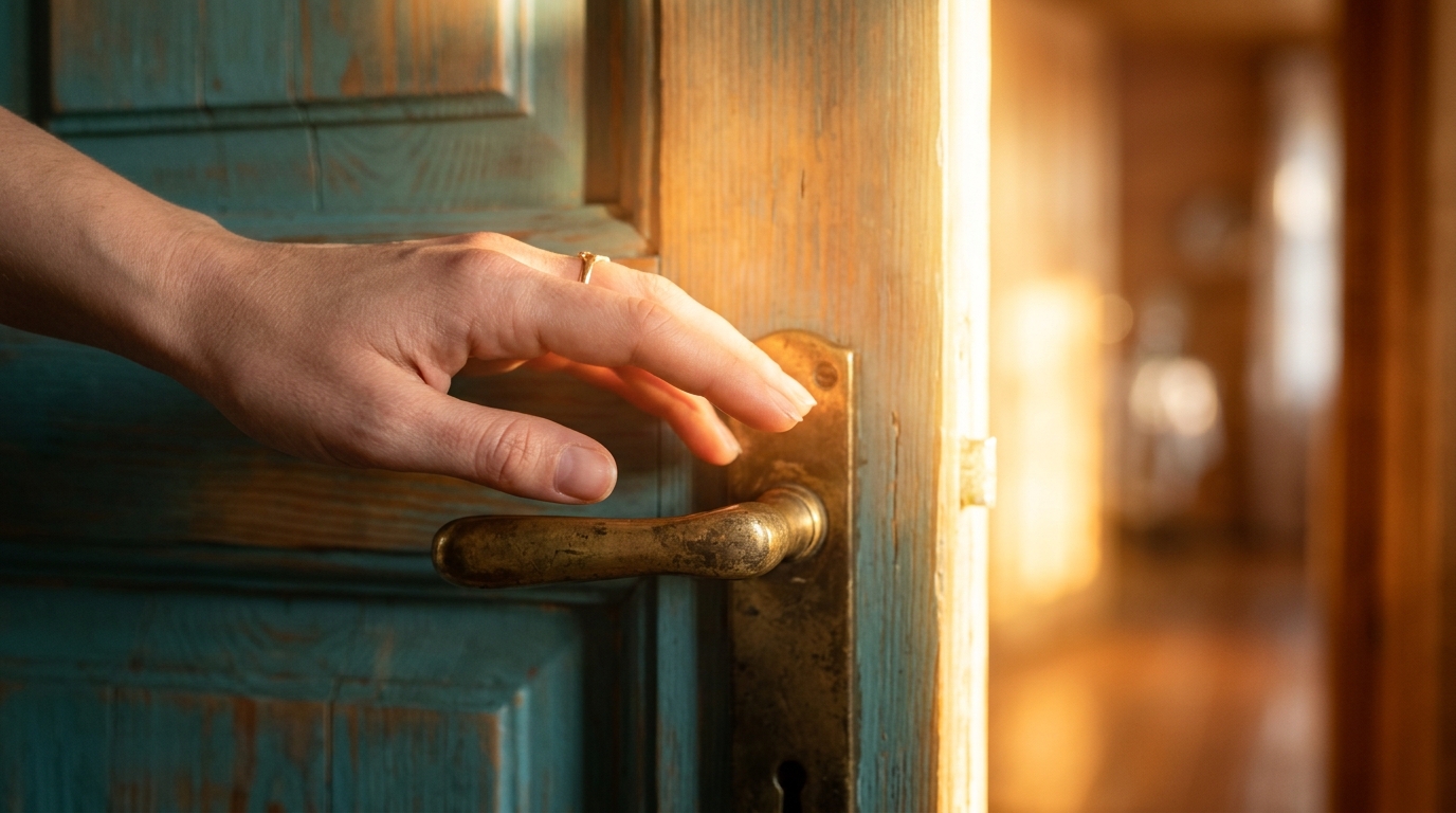 Hand reaching for a door handle in morning light symbolizing taking action on a decision. Hand reaching for a door handle in morning light symbolizing taking action on a decision.