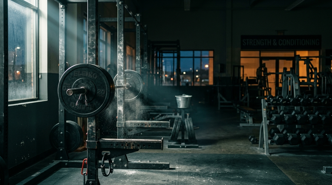 Loaded barbell in a moody dawn gym