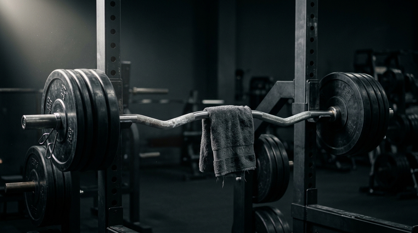 Loaded EZ-bar racked at chest height in a dark gym.