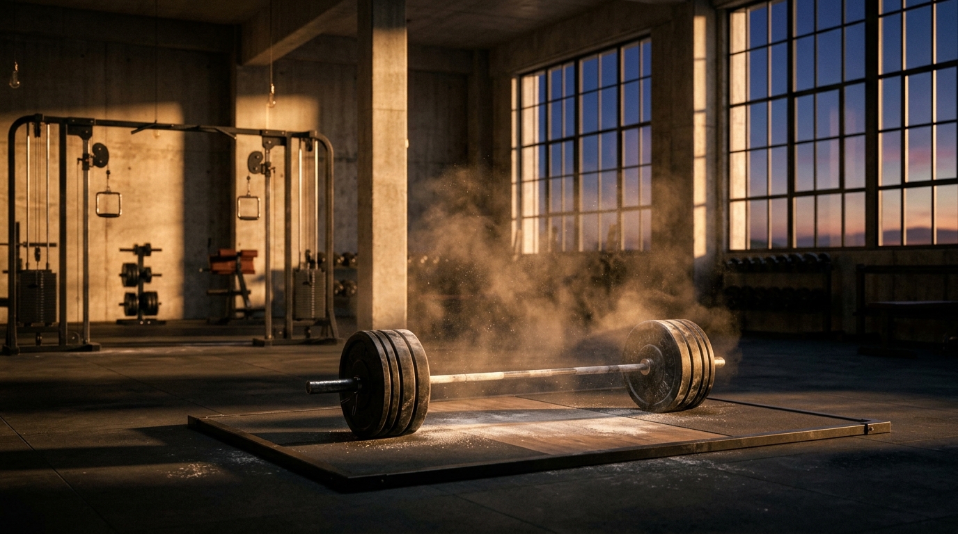 Empty dawn gym with a loaded barbell waiting on the platform