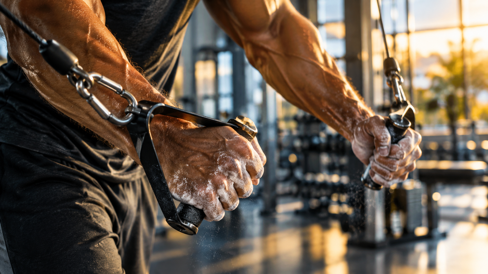 Chalked hands gripping a cable handle during a cable crossover
