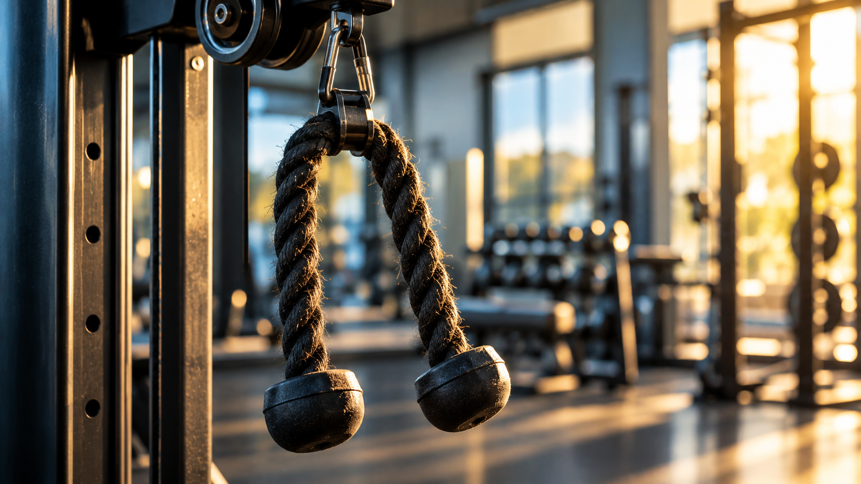 Cable rope attachment hanging at eye level in a gym.