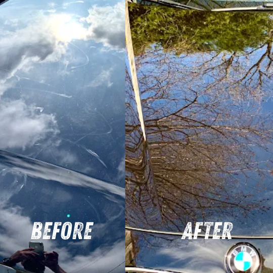 Before and after of a scratched BMW hood showing high reflection of trees in the paint
