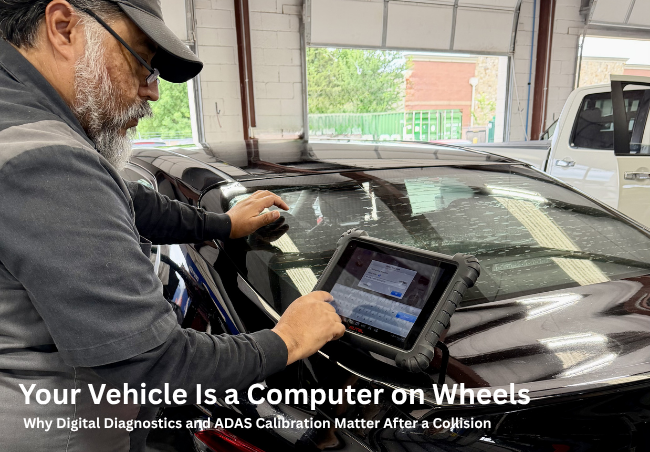 A technician at B&D Collision in Mesquite performing ADAS calibration on a black car