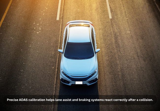 A white car driving on a highway with overlay text that reads "Precise ADAS calibration helps lane assist and braking systems react correctly after a collision".