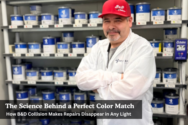 B&D Collision paint technician standing in front of automotive paint mixing supplies with overlay text reading The Science Behind a Perfect Color Match in Mesquite, Texas.
