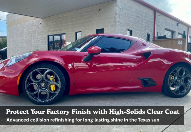 A finished red sports car parked in front of B&D Collision in Mesquite