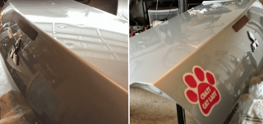 Before and after of a hail damaged trunk on a Mitsubishi Galant