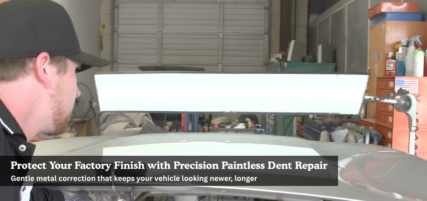 Paintless dent repair technician working on a BMW hood with hail damage at B&D Collision in Mesquite