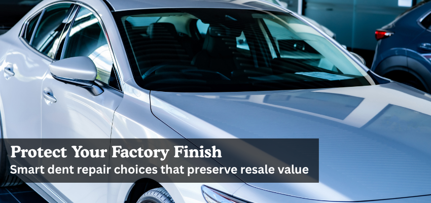 Silver car with no dents and shiny factory finished paint