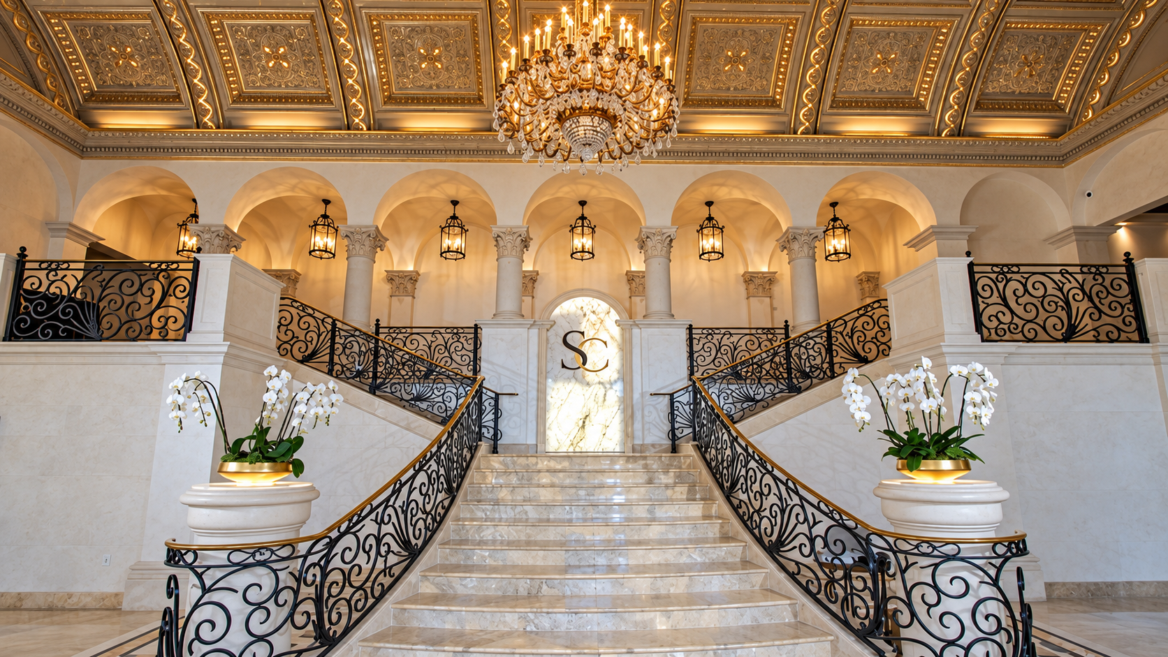 The venue: a grand marble staircase under a crystal chandelier
