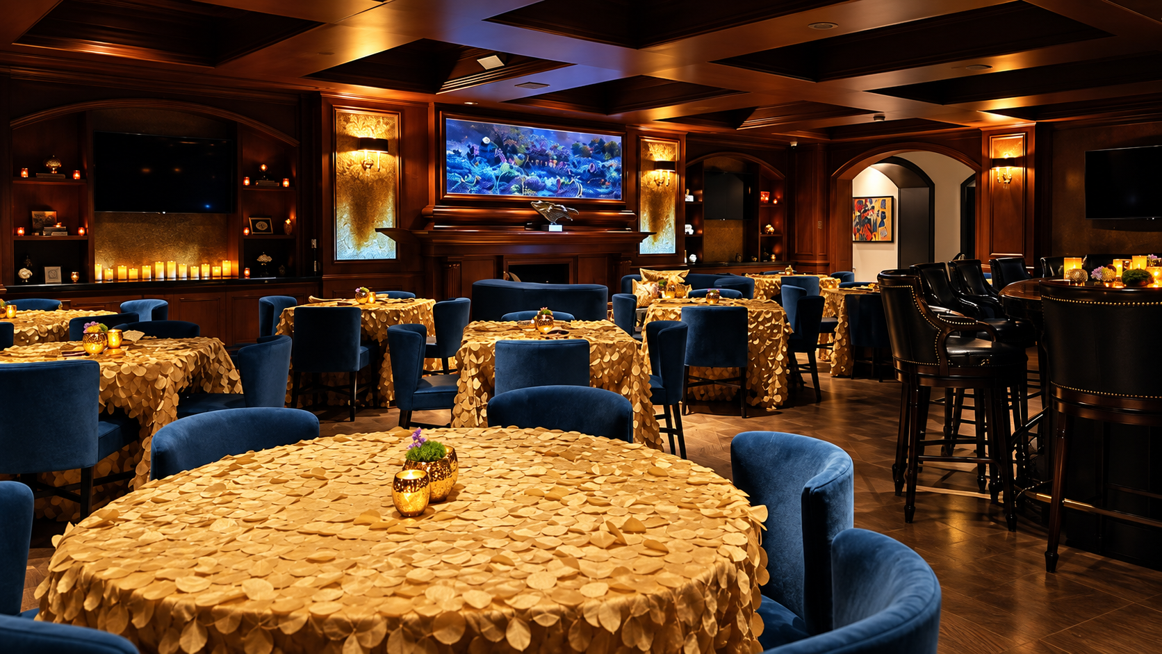 The venue: a lounge set with gold linens and navy velvet chairs
