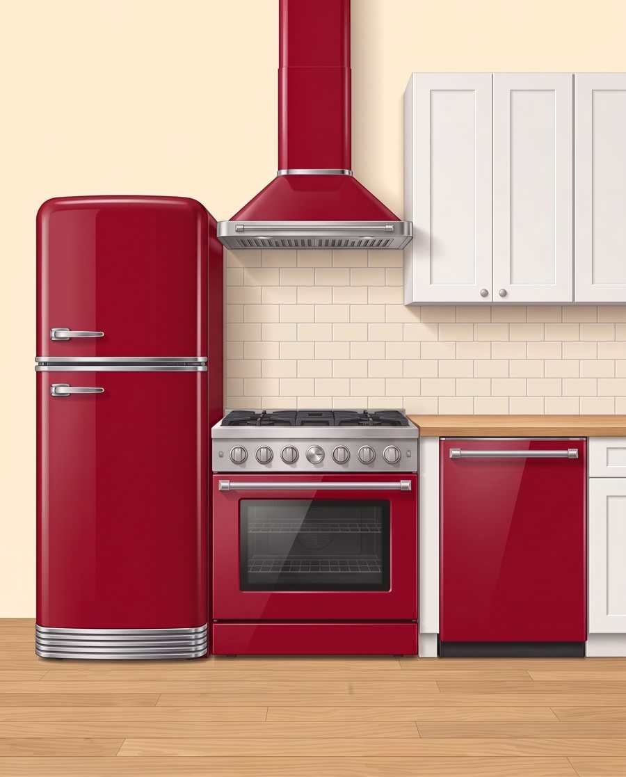 Illustration of a kitchen in cherry red