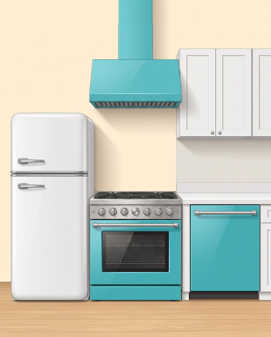 Illustration of a kitchen in turquoise