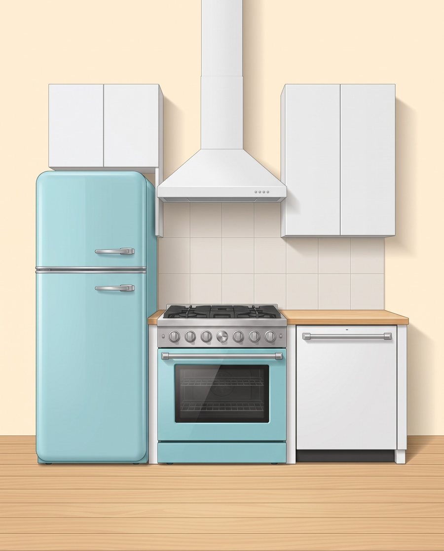 Illustration of a kitchen in coastal blue