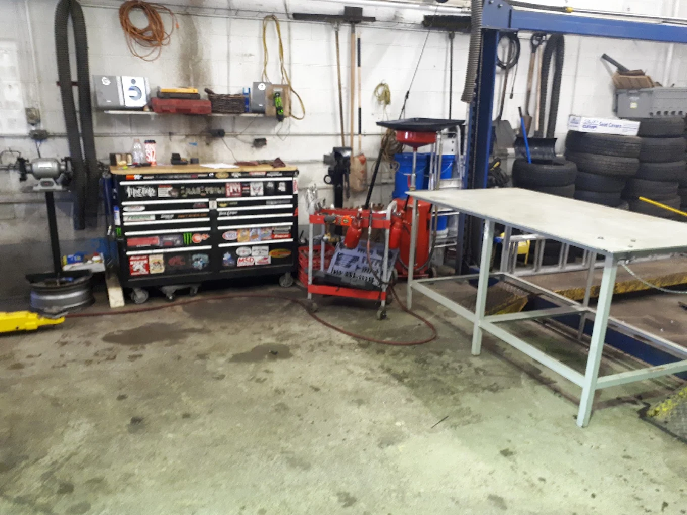 Tool chest and workbench inside JCo Auto's four-bay shop
