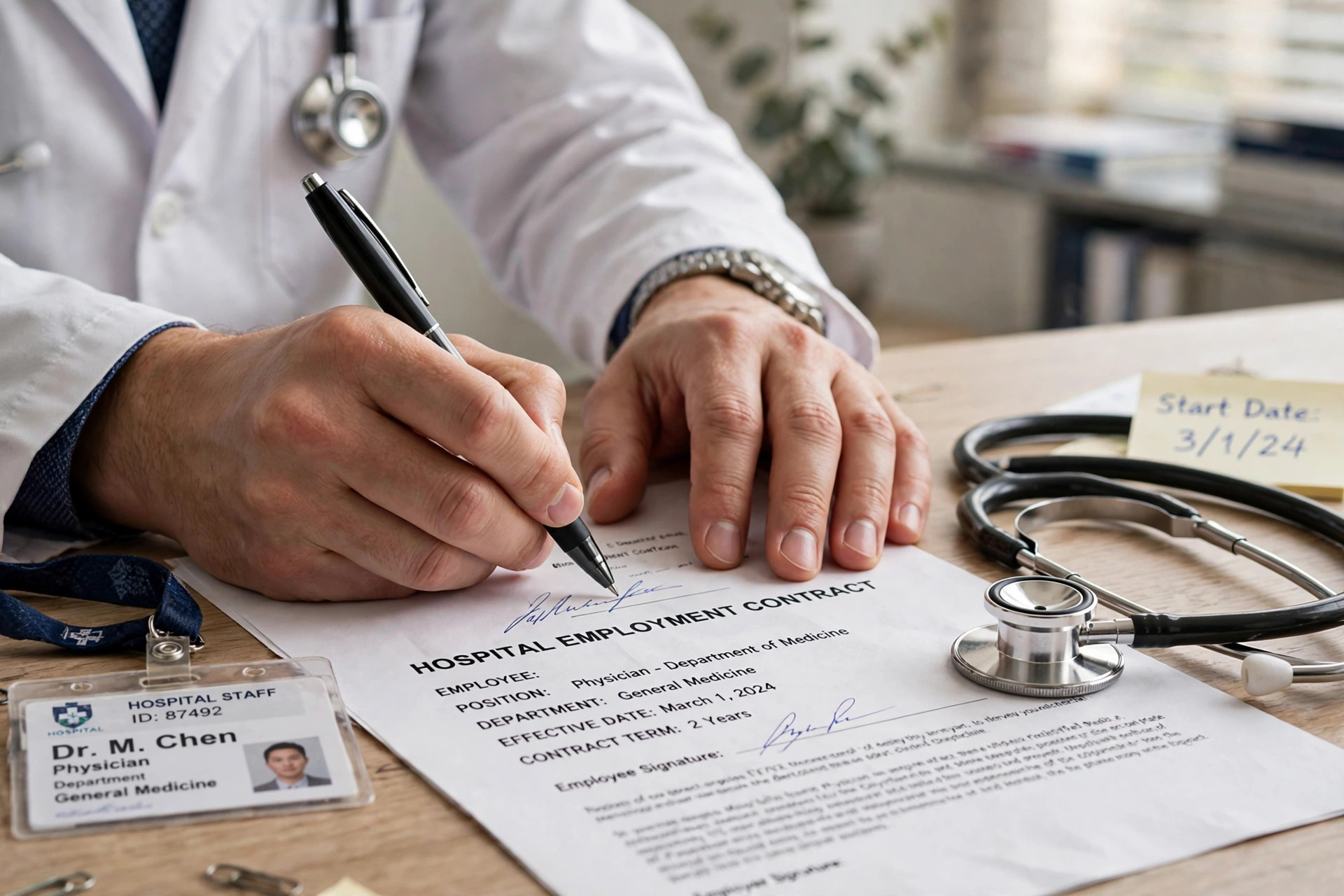 Physician signing a hospital employment contract used to qualify for a doctor loan before the job start date