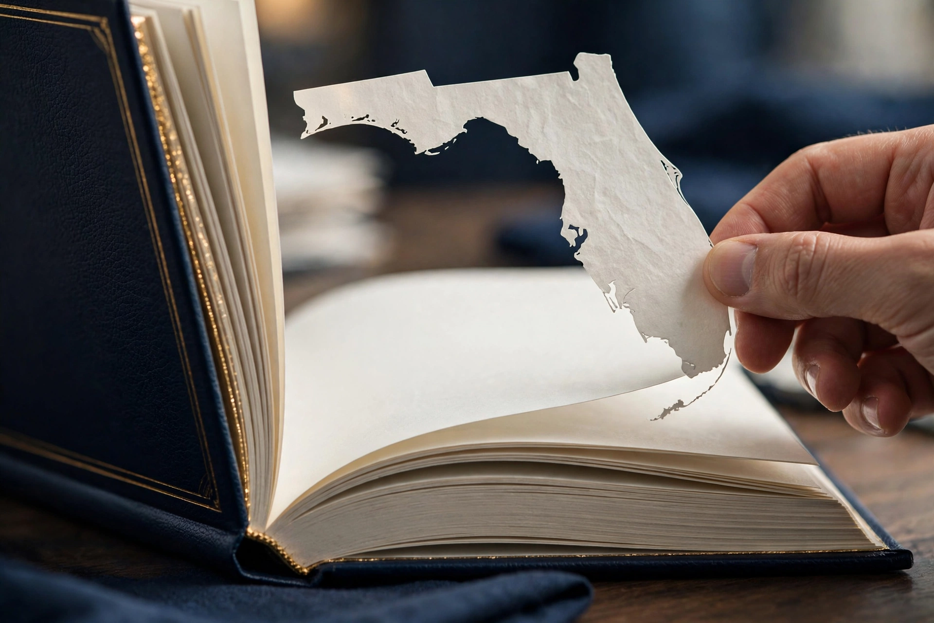 An open mortgage guideline rulebook with a paper page shaped like the state of Florida being lifted out — the Florida-specific condo rules were removed
