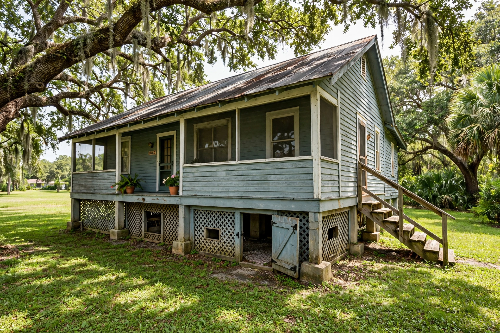 An older Florida bungalow raised on piers with crawl space access beneath the house