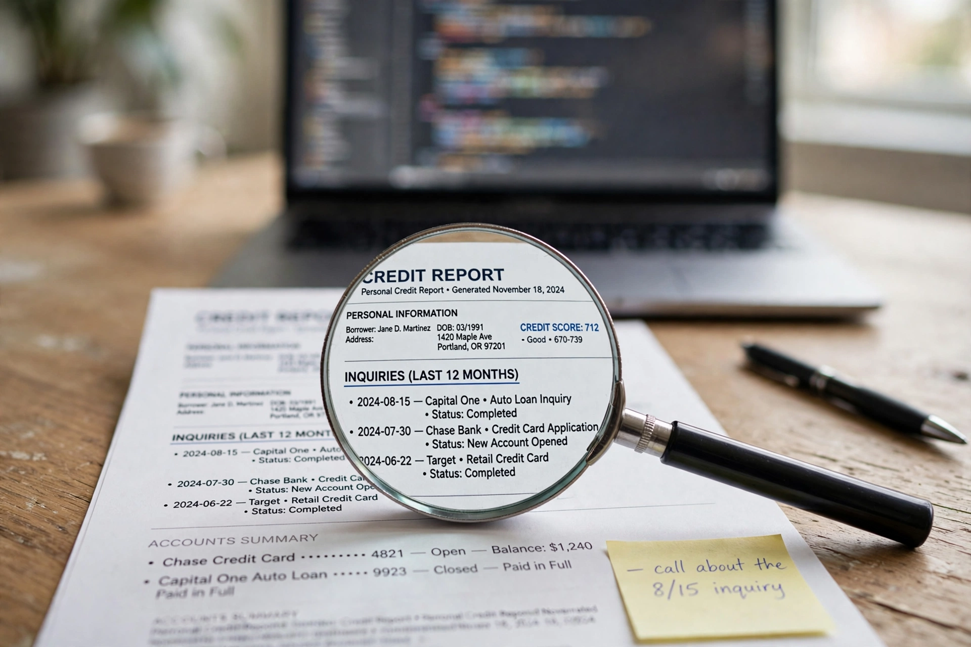 Close-up of a credit report document on a desk with a magnifying glass over the inquiries section