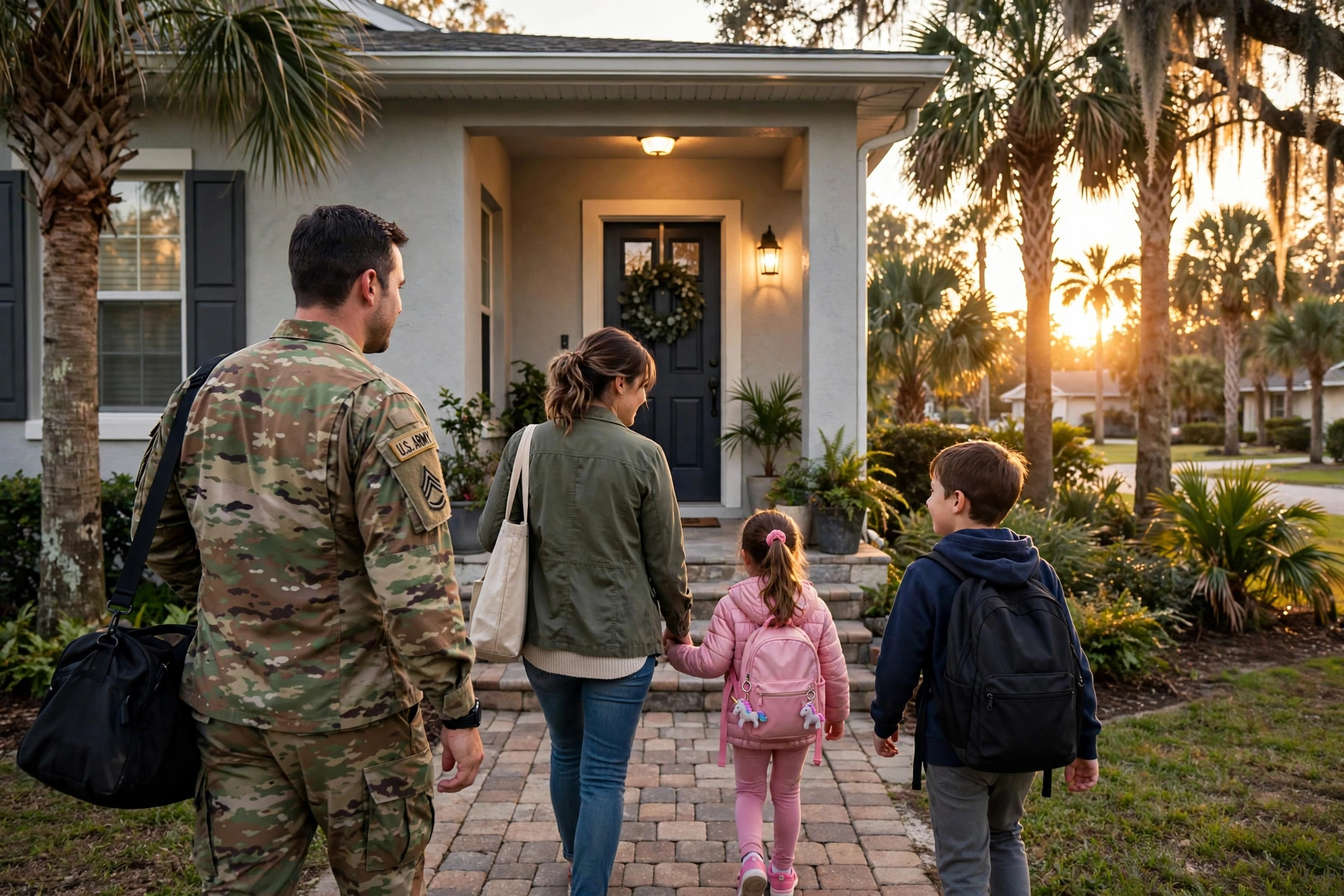 Military family walking up to the front door of a suburban Jacksonville home at golden hour with palm trees, no text.