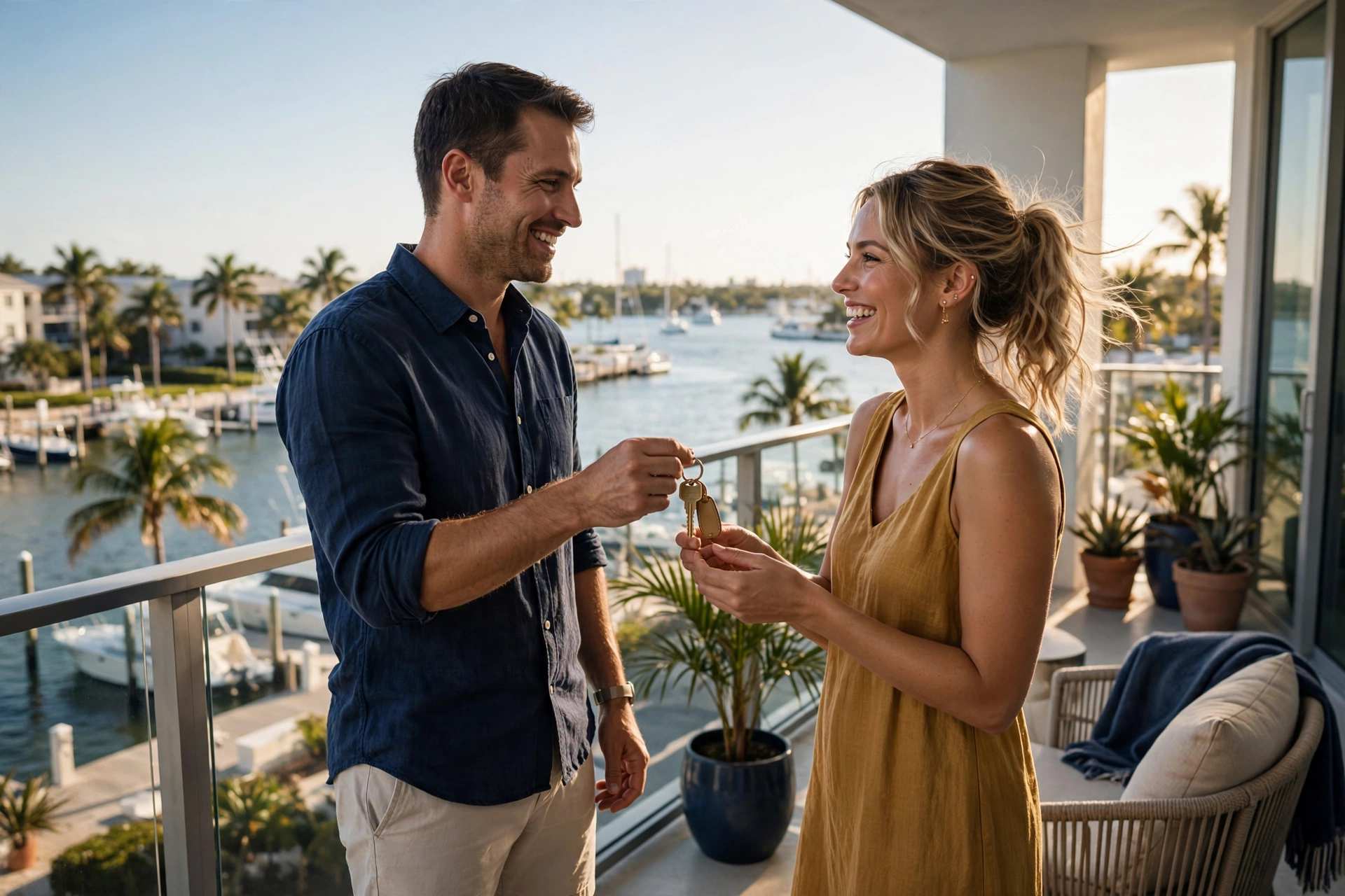 New homeowners receiving house keys on a sunny Florida condo balcony overlooking the water
