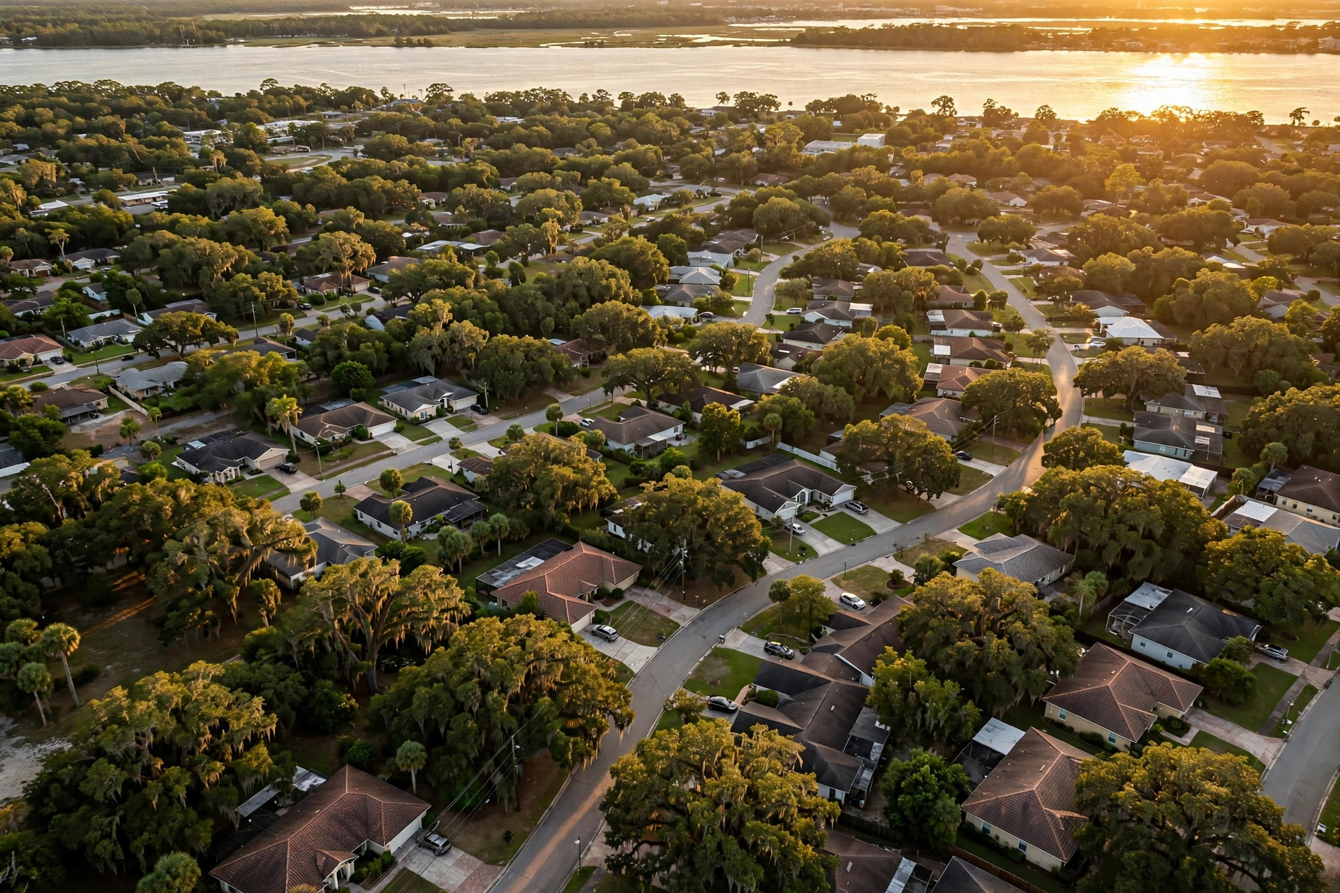 Aerial view of a suburban Jacksonville Florida neighborhood at golden hour