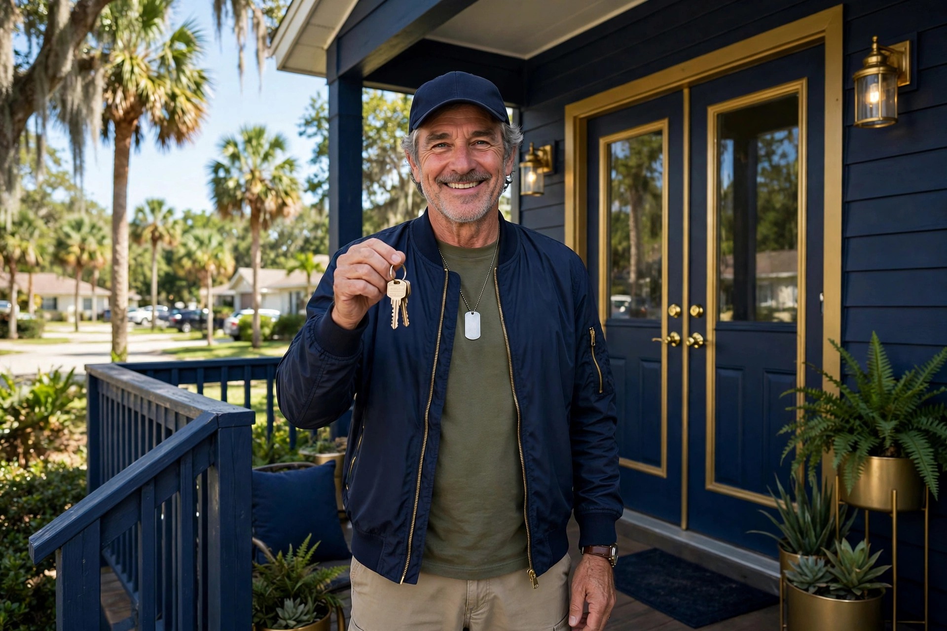 Veteran homeowner standing on the porch of a Jacksonville duplex holding house keys