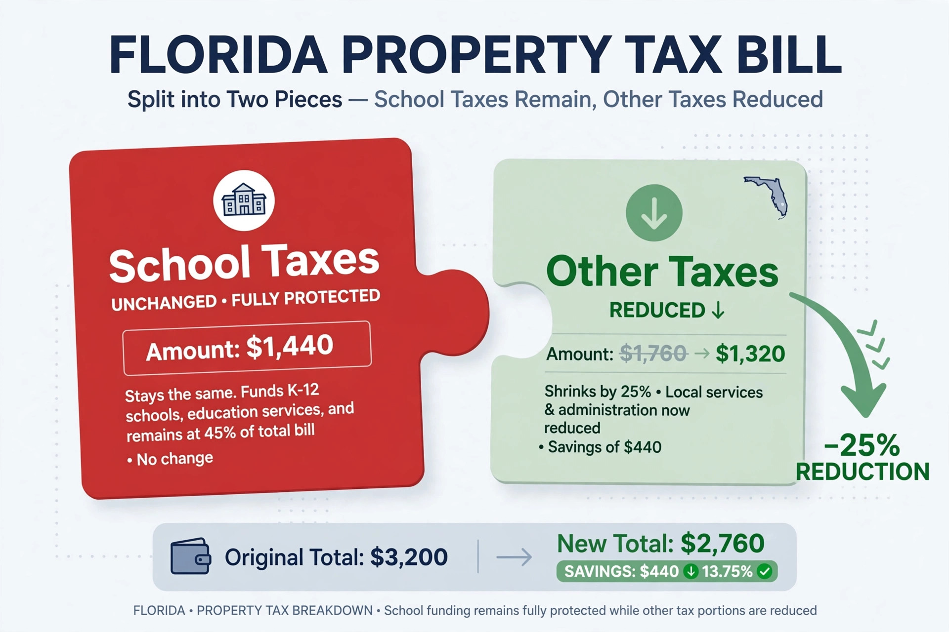 Property tax bill split: school taxes stay while the non-school portion shrinks under Amendment 3