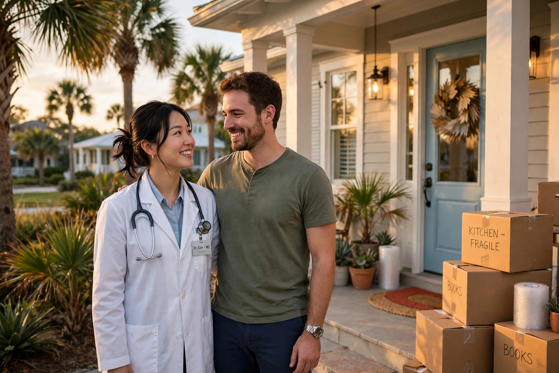 Physician couple standing in front of their new Jacksonville Beach, Florida home purchased with a physician loan