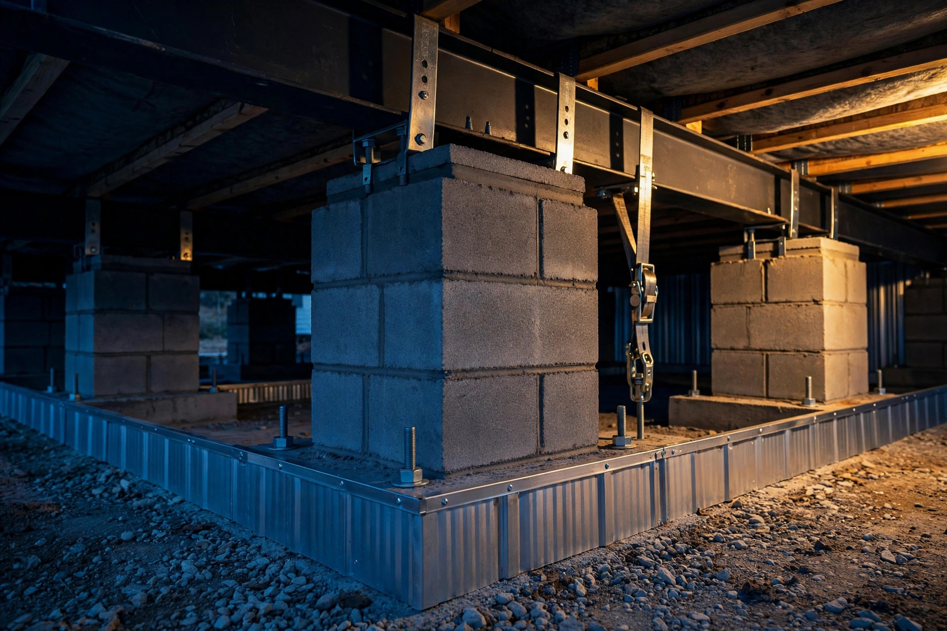 Manufactured home permanent foundation with concrete block piers, tie-down straps and anchor bolts — VA foundation requirements