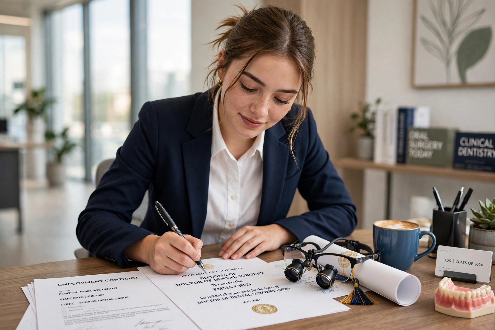 New dentist signing an associate employment contract used to document future income for a home loan