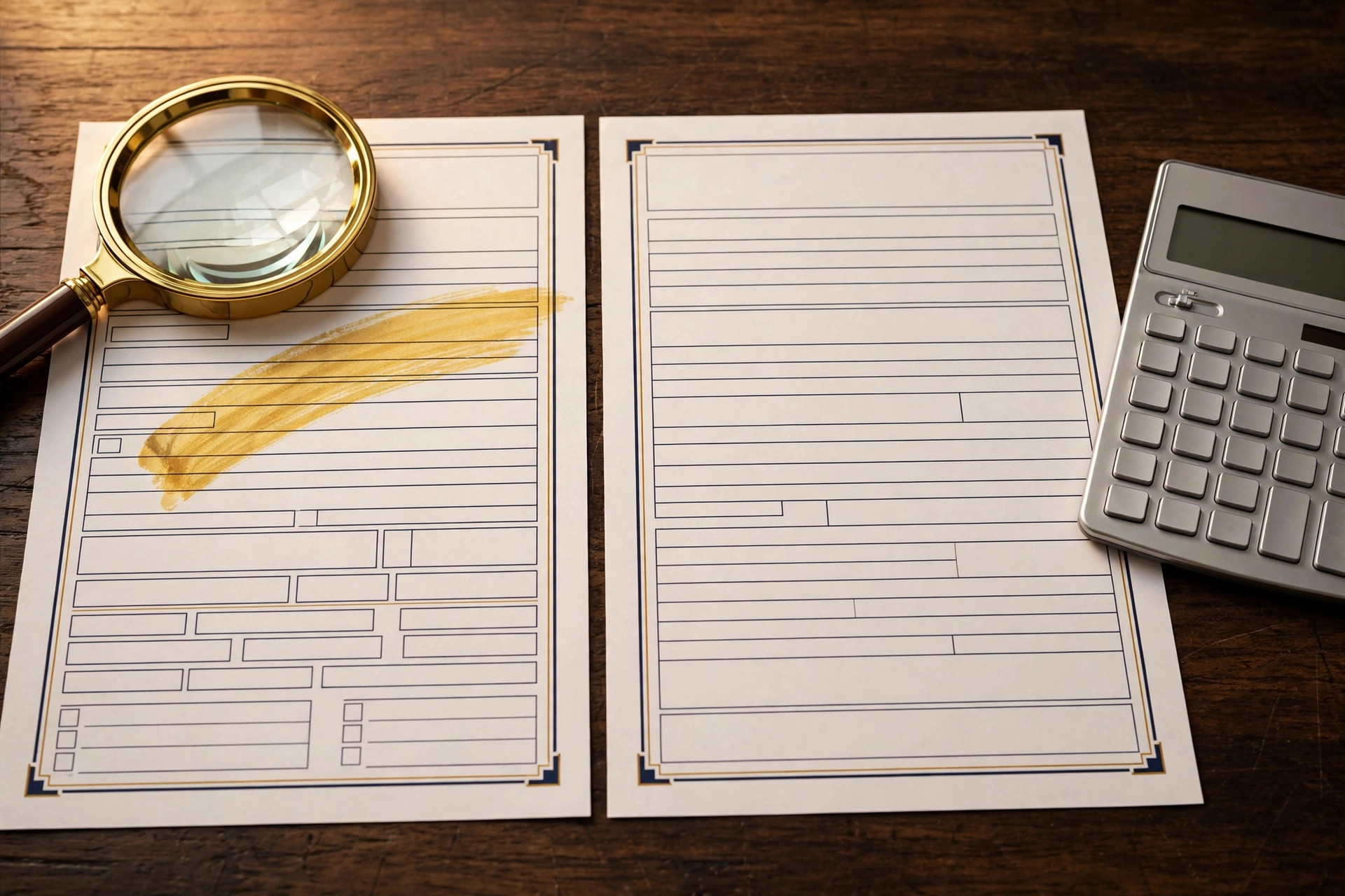 Two mortgage loan estimate documents side by side with a magnifying glass and calculator — comparing a bank discount against a broker quote