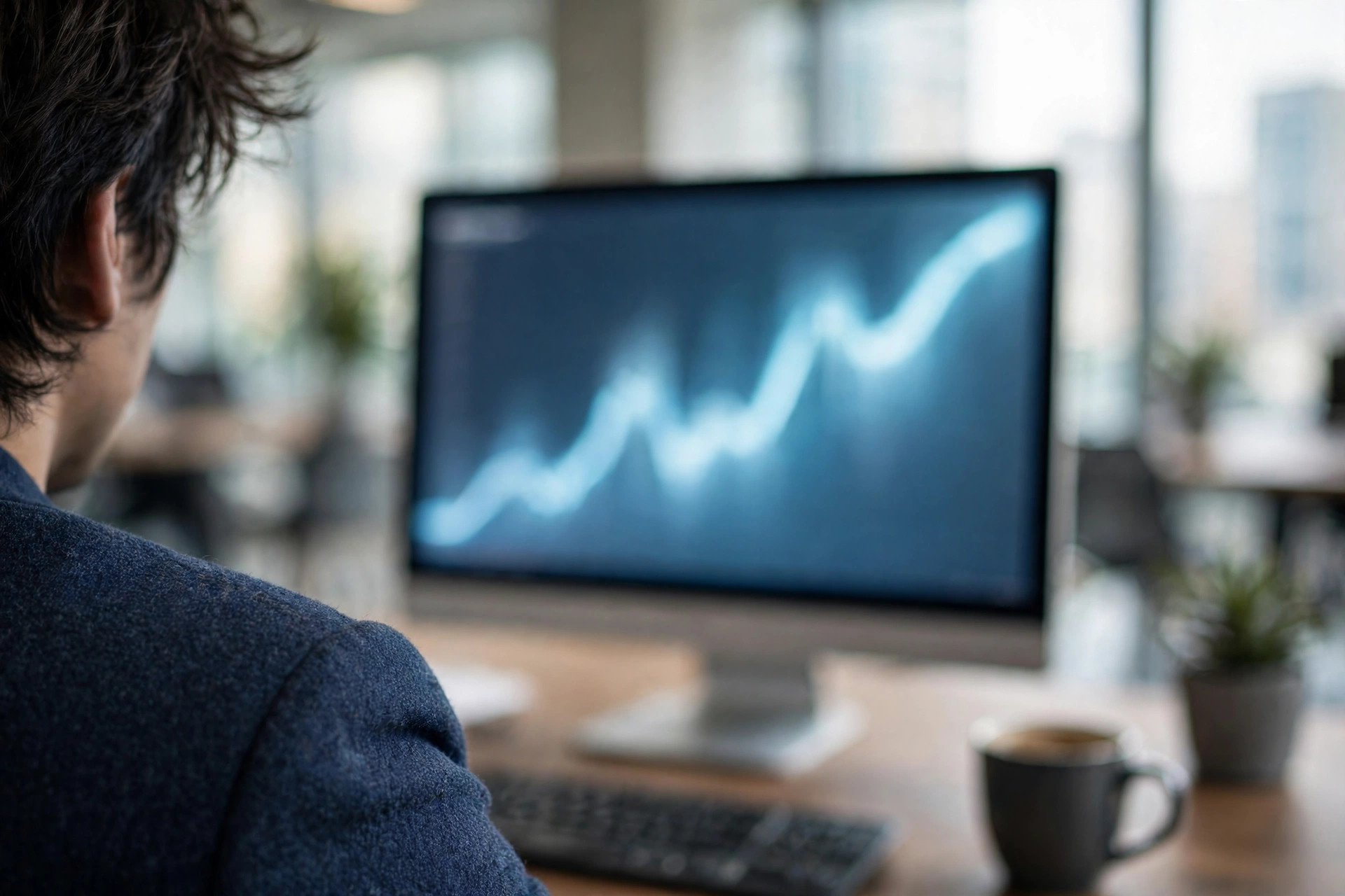 Financial data chart on a screen, viewed over a shoulder in a modern office