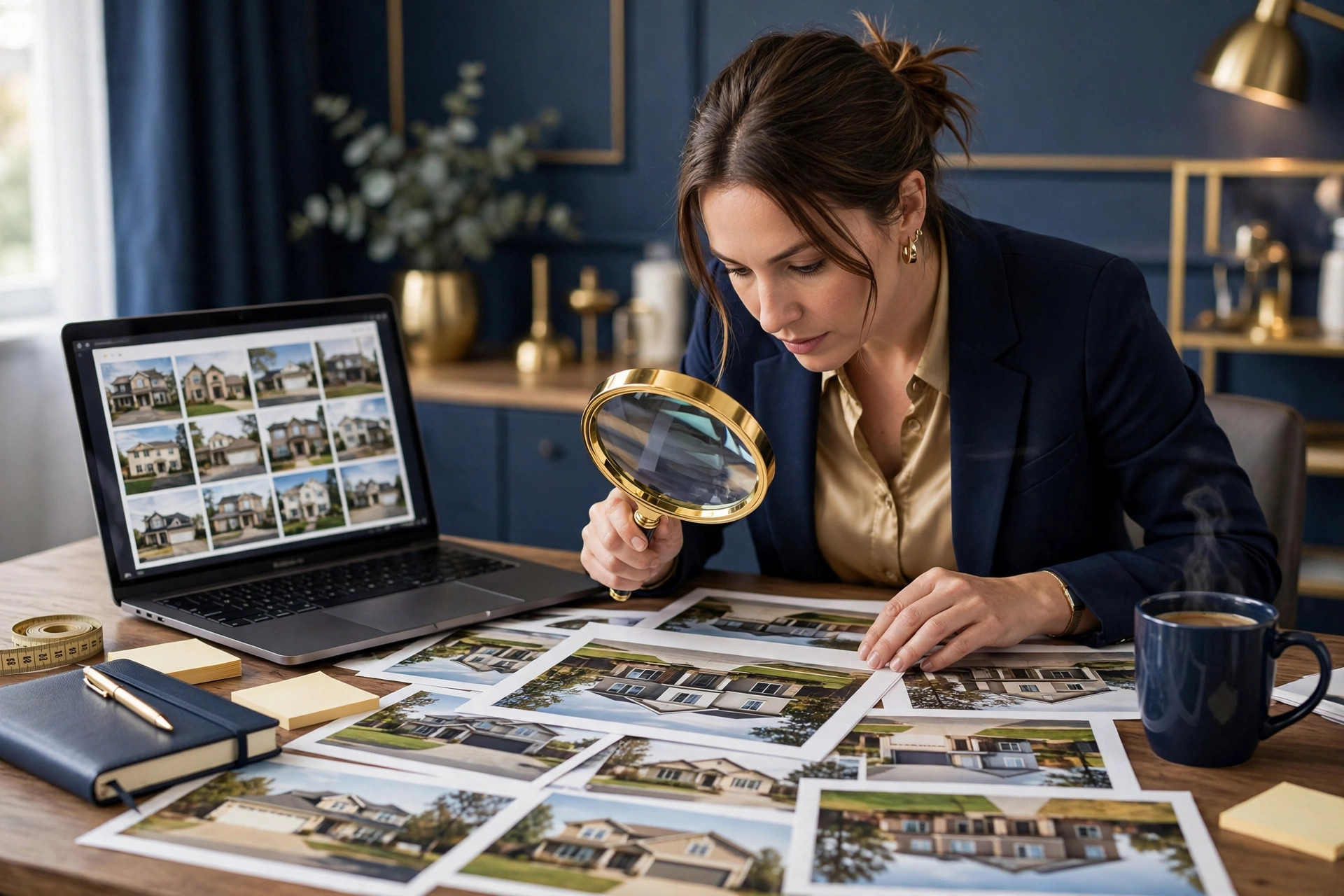 Real estate agent reviewing comparable home sales on a laptop with a magnifying glass — building a VA reconsideration of value package