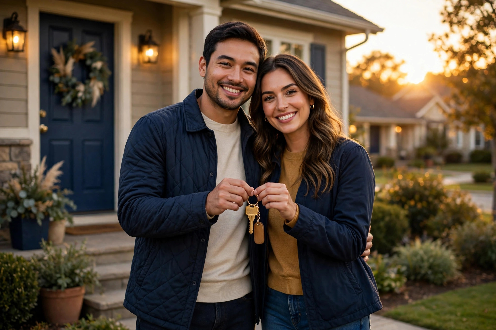 Happy couple holding house keys in front of their new suburban home at golden hour