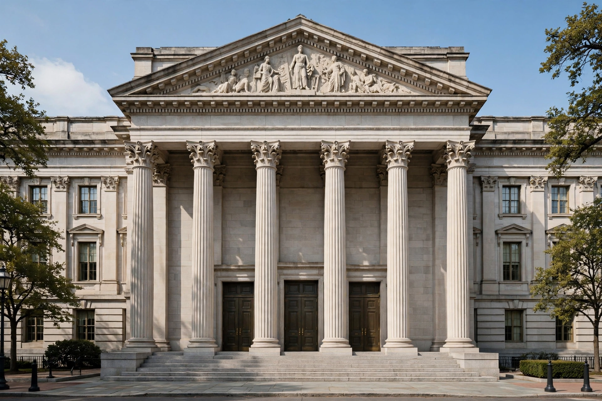 Neoclassical federal bank building facade with tall columns
