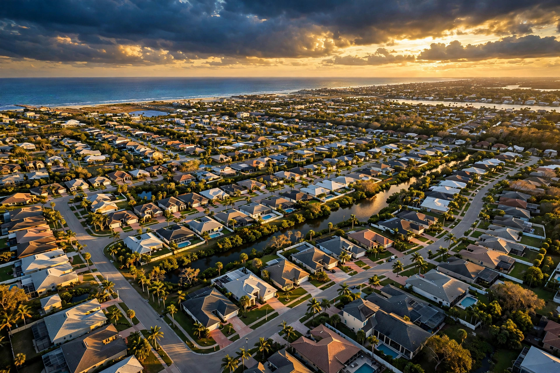 Aerial view of a Jacksonville Florida coastal neighborhood at golden hour
