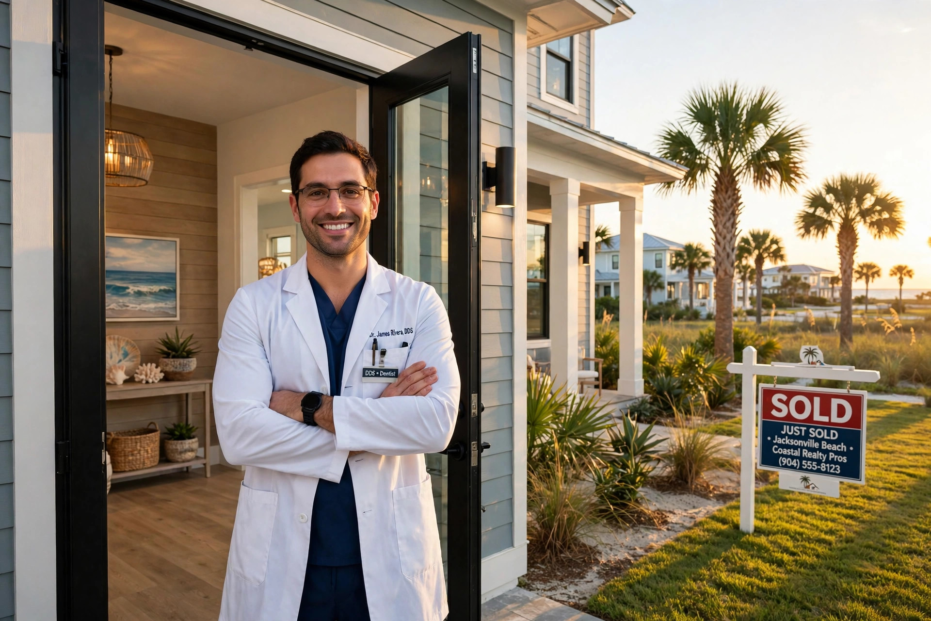 Dentist in scrubs standing in front of a new Florida home purchased with a dentist home loan