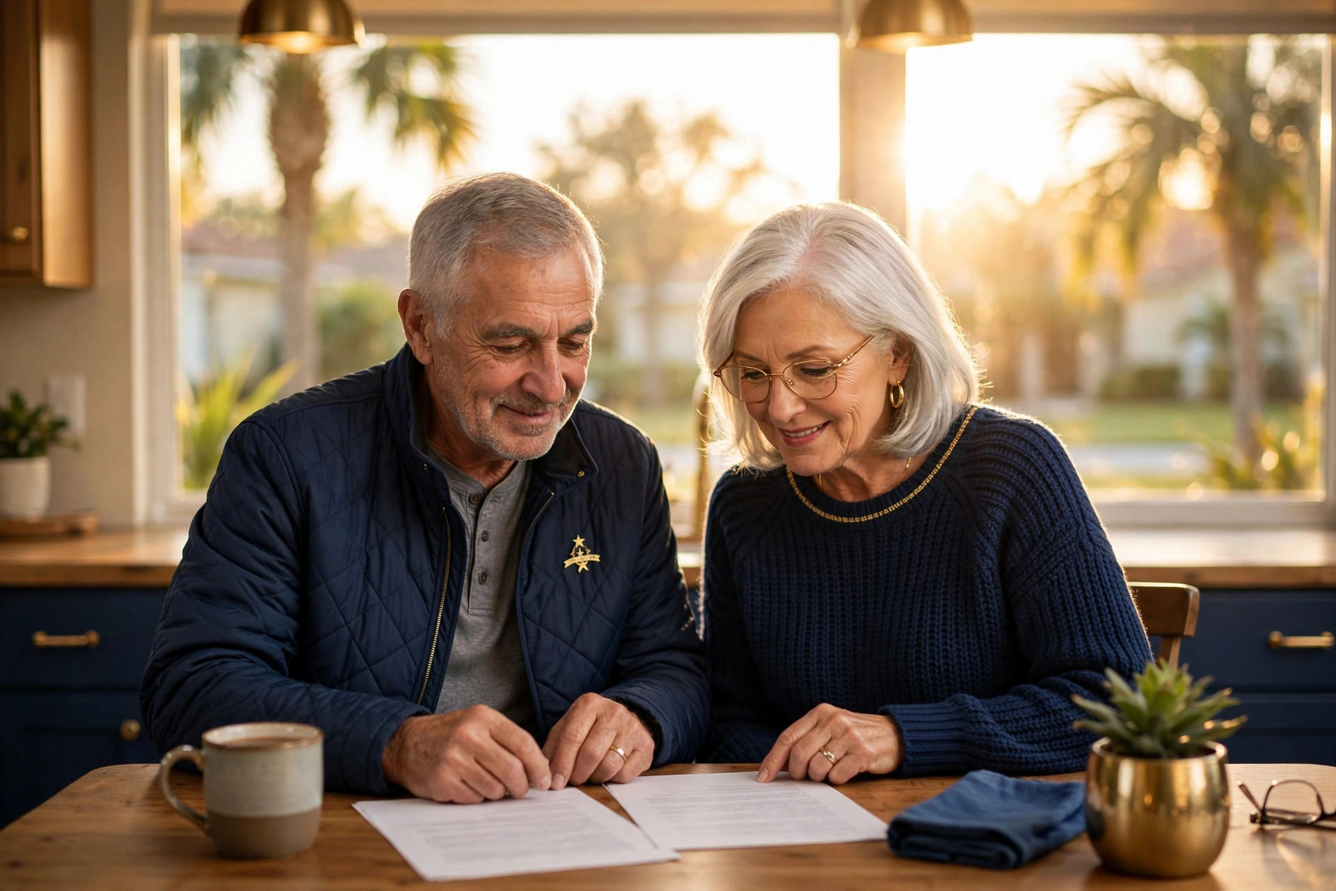 Veteran couple reviewing mortgage paperwork together at their kitchen table, sunrise light through the window, fresh-start feel with a Jacksonville home blurred outside, no text.