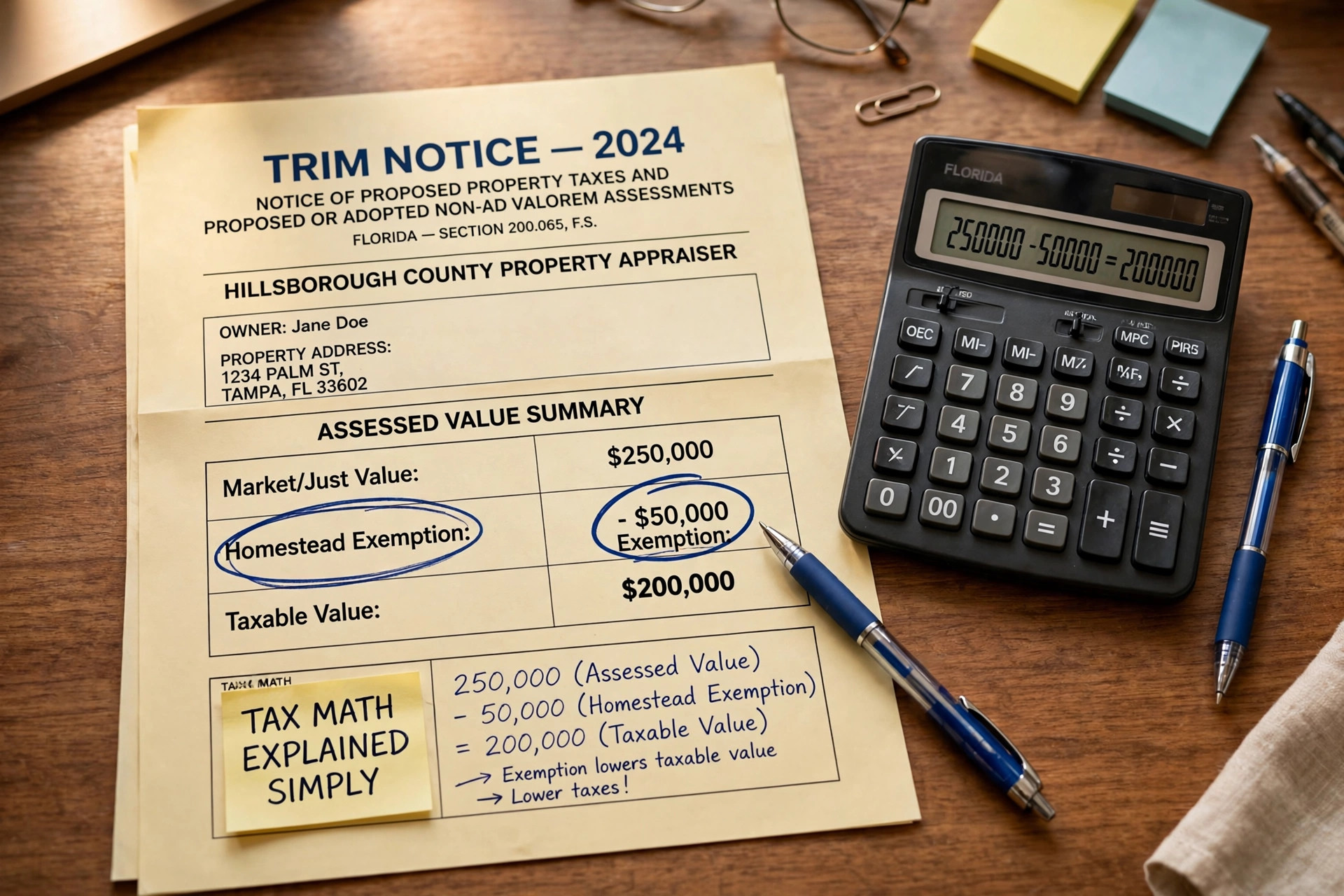 Florida TRIM notice and calculator showing how the homestead exemption is subtracted from assessed value